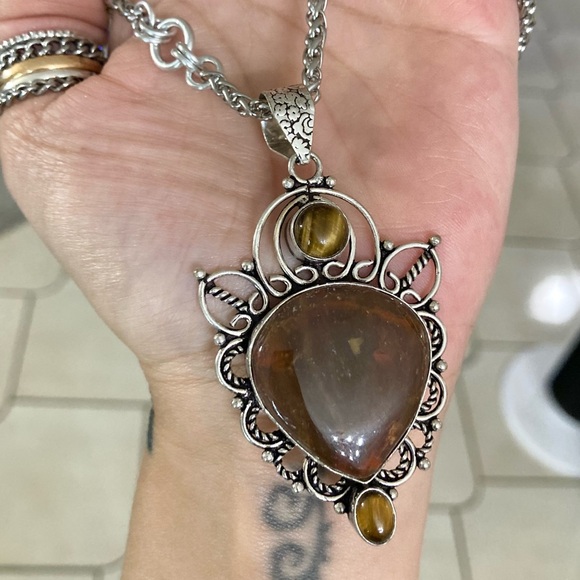 925 sterling silver overlay charm red jasper & golden brown tiger eye necklace - Picture 16 of 16